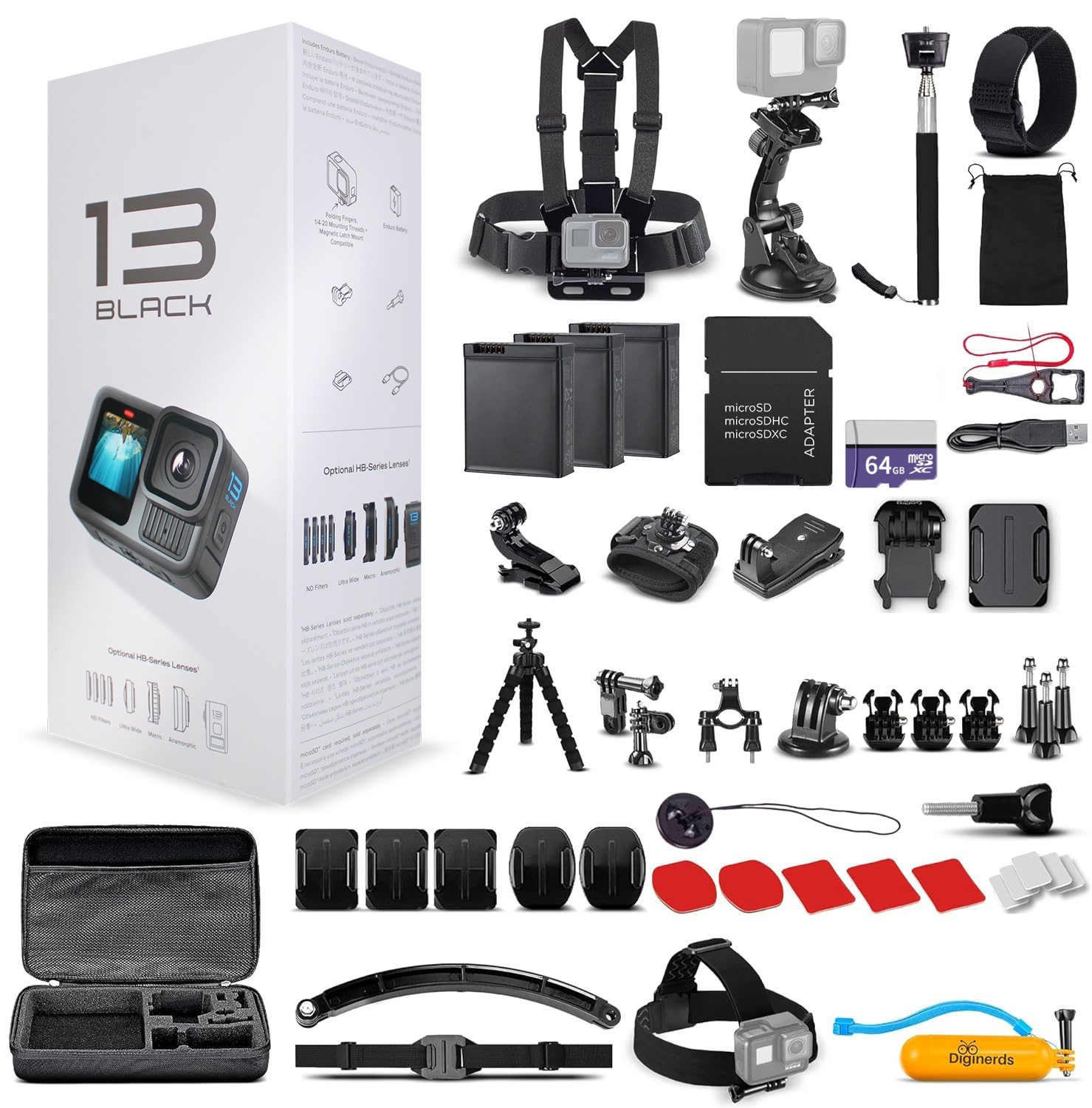 GoPro HERO13 - Action Camera + 64GB Card, 50 Piece Accessory Kit and 2 Batteries