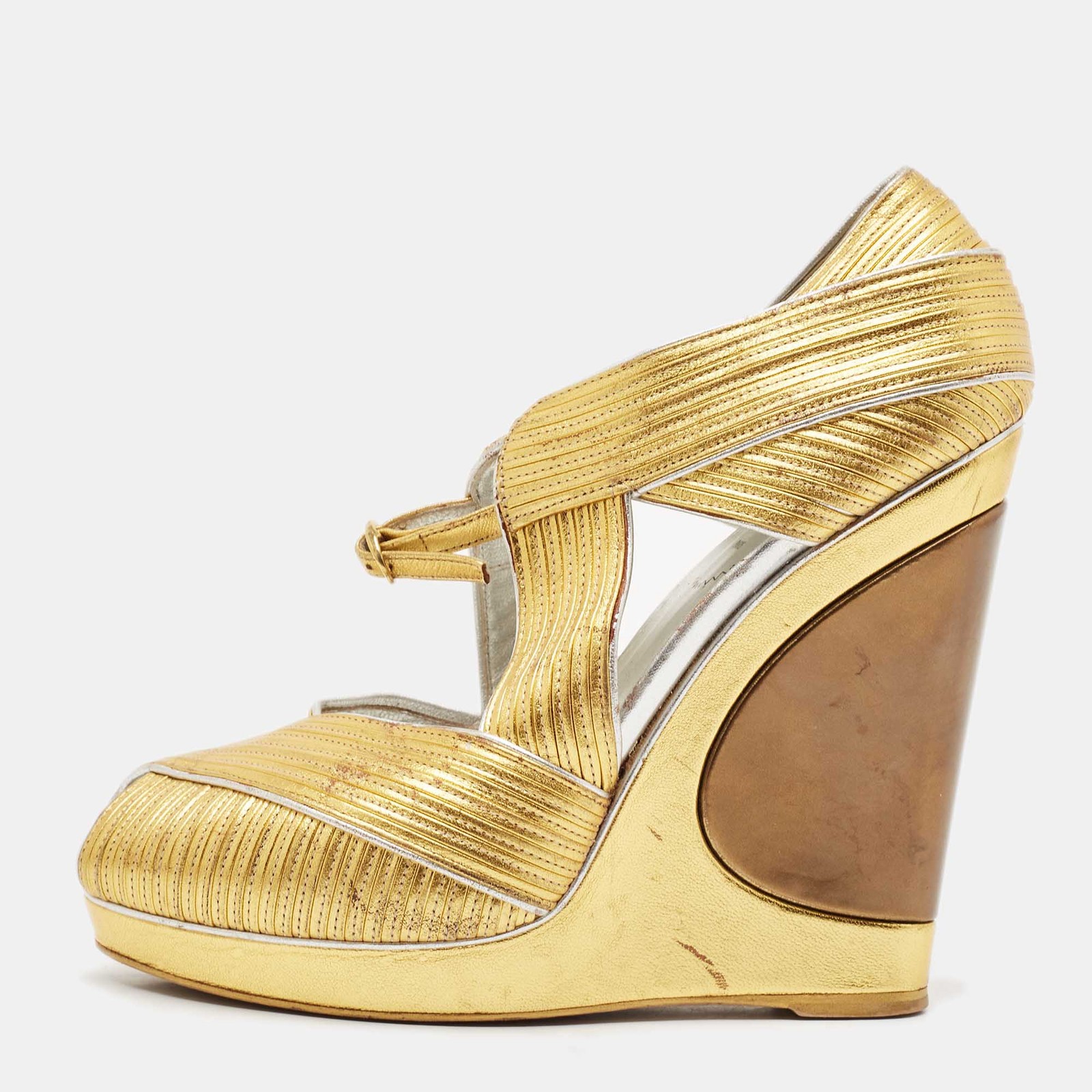 Saint Laurent Metallic Gold Leather Venice Wedge Platform Sandals
