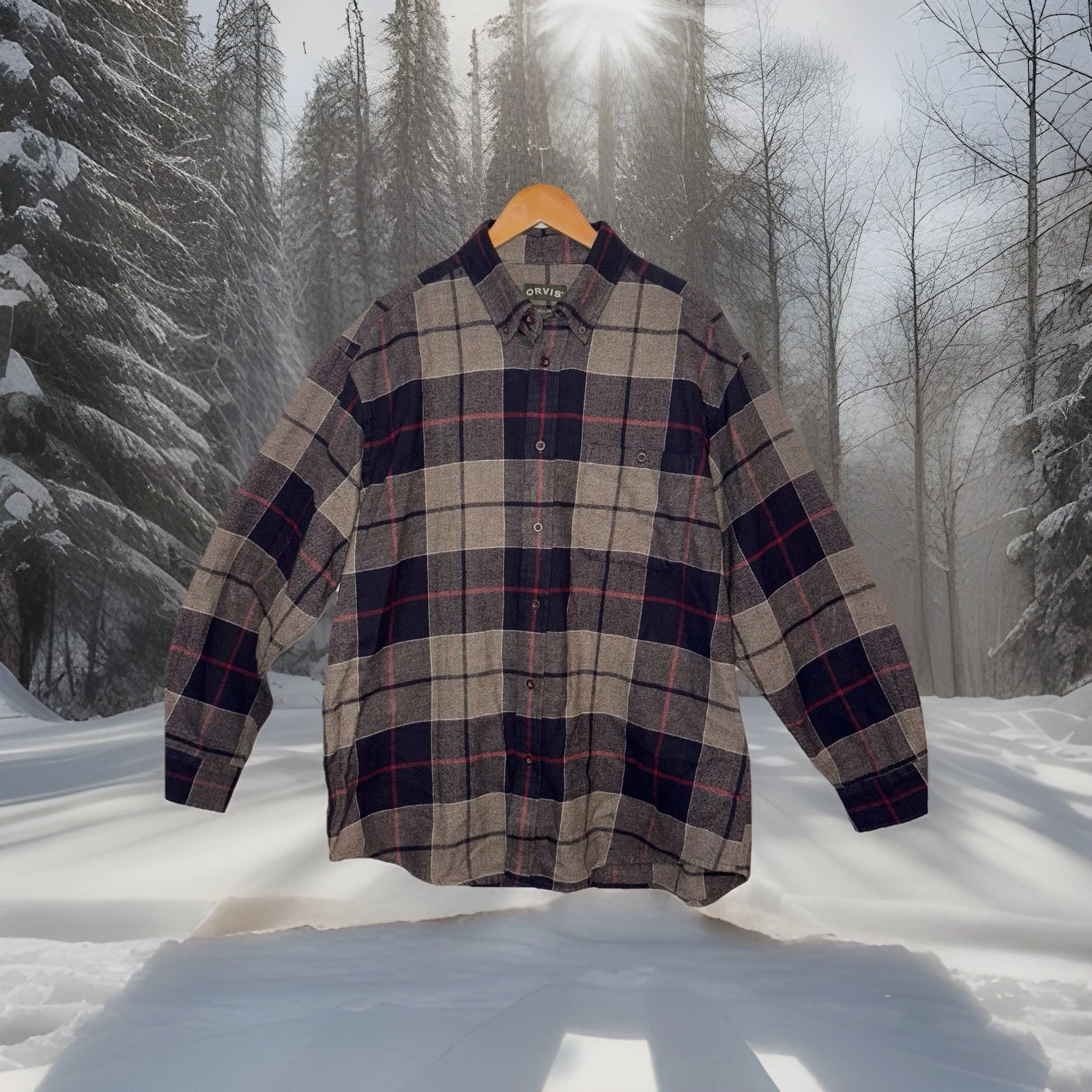 Men's Orvis Long Sleeve Button Down Windowpane Plaid 100% Cotton Size XL