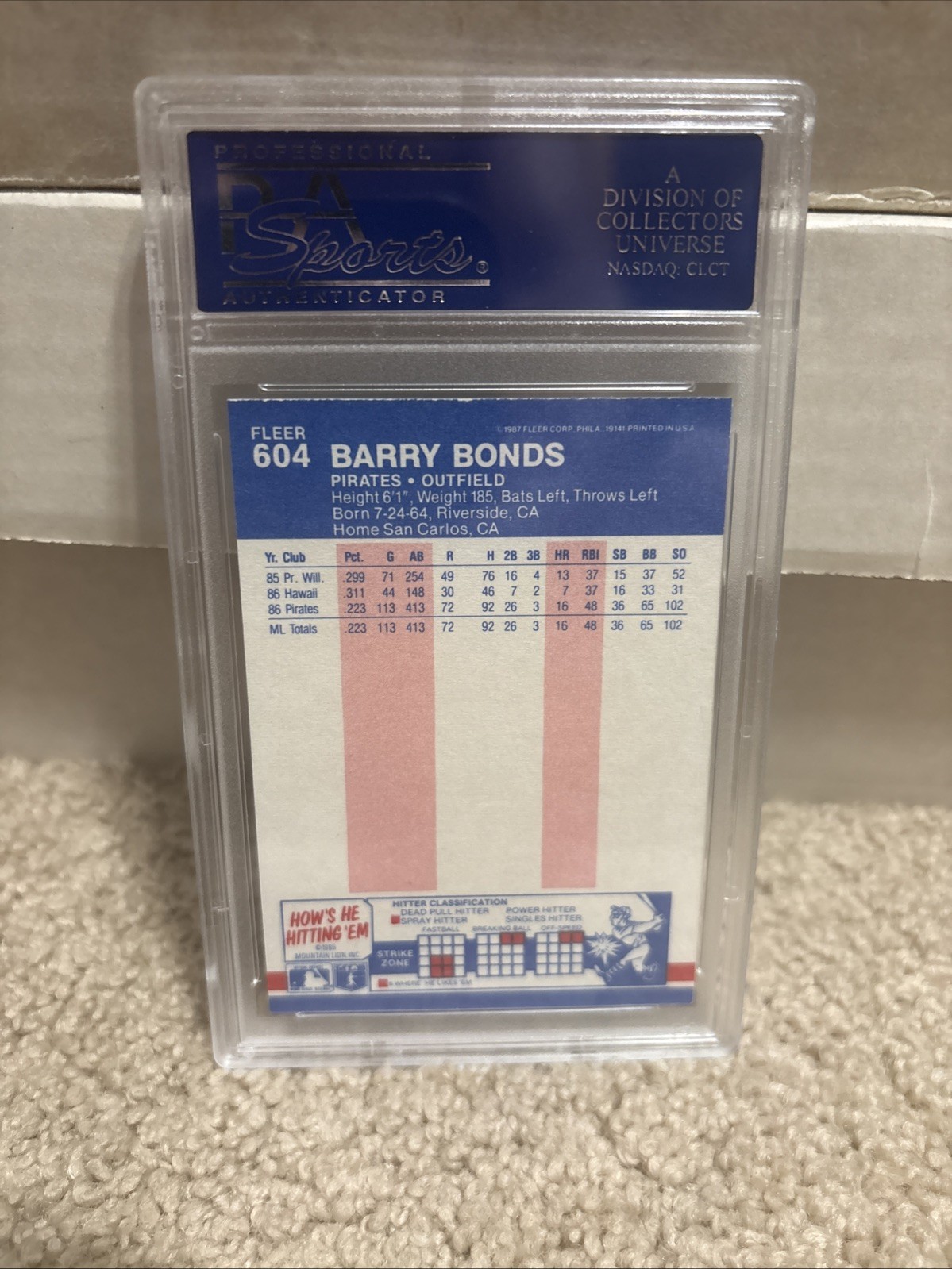 1987 Fleer Barry Bonds PSA 9 Rookie RC Pirates #604 view 4