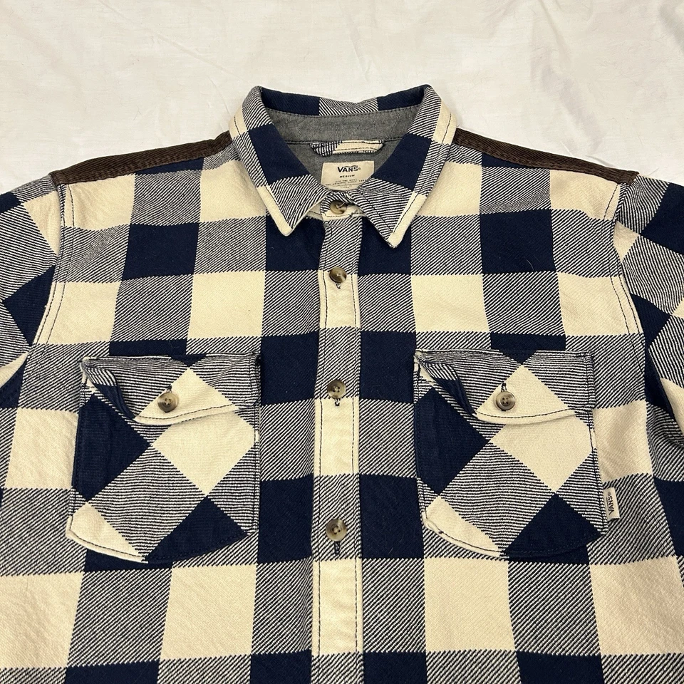 Camisa de franela de caja de alta resistencia Vans para hombre mediana azul marrón pana parche en el codo Foto 4 de 4