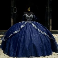 Navy Blue Glitter Quinceanera Dresses Bow Beading Lace Birthday Party Ball Gown
