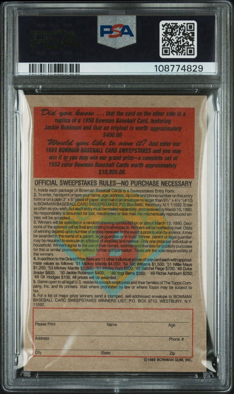 1989 Bowman Inserts 1950 Jackie Robinson PSA 10 GEM MINT view 7