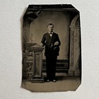Antique Tintype Photograph Handsome Young Man Bowler Hand Photo Stand