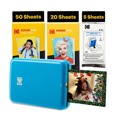Kodak Step Mobile Instant Photo Printer 2x3'' Blue, Photo Paper 75 Sheets Bundle