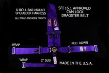 RJS RACING SFI 16.1 CAM LOCK DRAGSTER HARNESS U ROLL BAR PURPLE 1029508