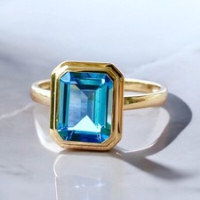 Emerald Cut Natural Blue Topaz 14K Yellow Gold Plated 925 Silver Engagement Ring