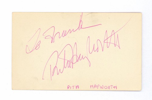 Rita Hayworth Original Autograph Hand signed To Frank 3 x 5 card with COA. Scans