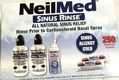 NeilMed Sinus Rinse Kit 250 Premixed Packets + 2 Bottles + NasaMist SALINE SPRAY