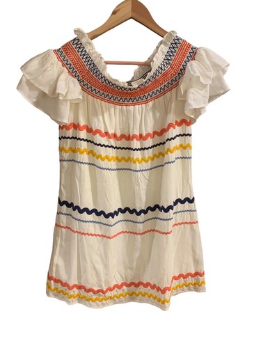 Red Carter Marilyn White Dress Rickrack Trim Off The Shoulder Small $280 Boho - Picture 2 of 16