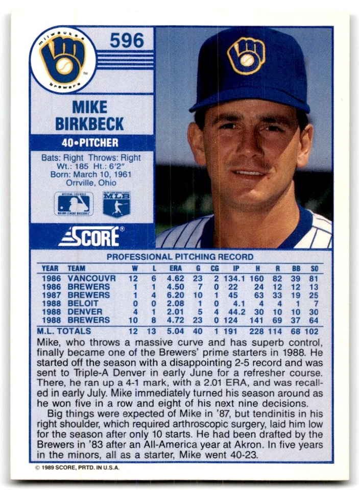 1989 Score Mike Birkbeck Milwaukee Brewers #596 - Image 2 of 2