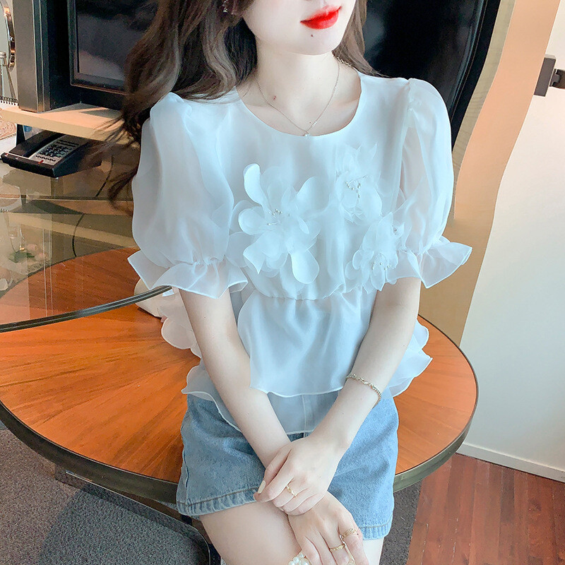 Summer Women Ruffle Edge Shirt Tops Sweet Short Sleeve 3D