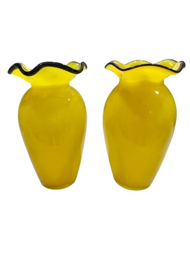 CZECH BOHEMIAN LOETZ YELLOW TANGO GLASS VASES WITH APPLIED BLACK RIMS GROUP OF 4 - Picture 3 of 12