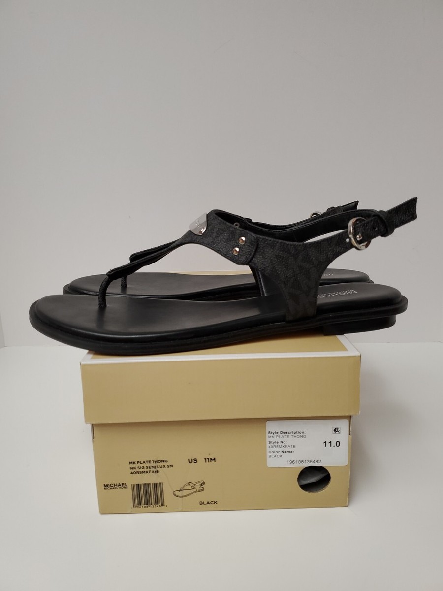 Michael Kors Women's Two Tone Black MK Logo Plate T-Strap Sandals