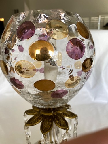 VTG Glass Brass Lamp Hollywood Regency Czech CoinDot Marble W/Crystal Prisms - Picture 2 of 17