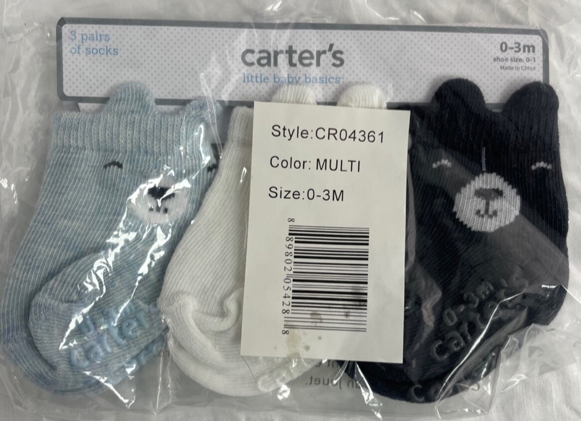 Carter's 03 Months Bear Crew Socks 3 Pairs Blue White Black for sale