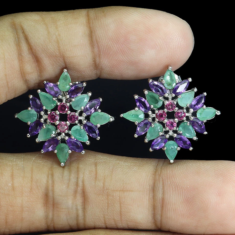 925 Orecchini Argento Sterling Smeraldo Ametista Rodolite Naturale Gemma Jewelry - Immagine 2 di 4