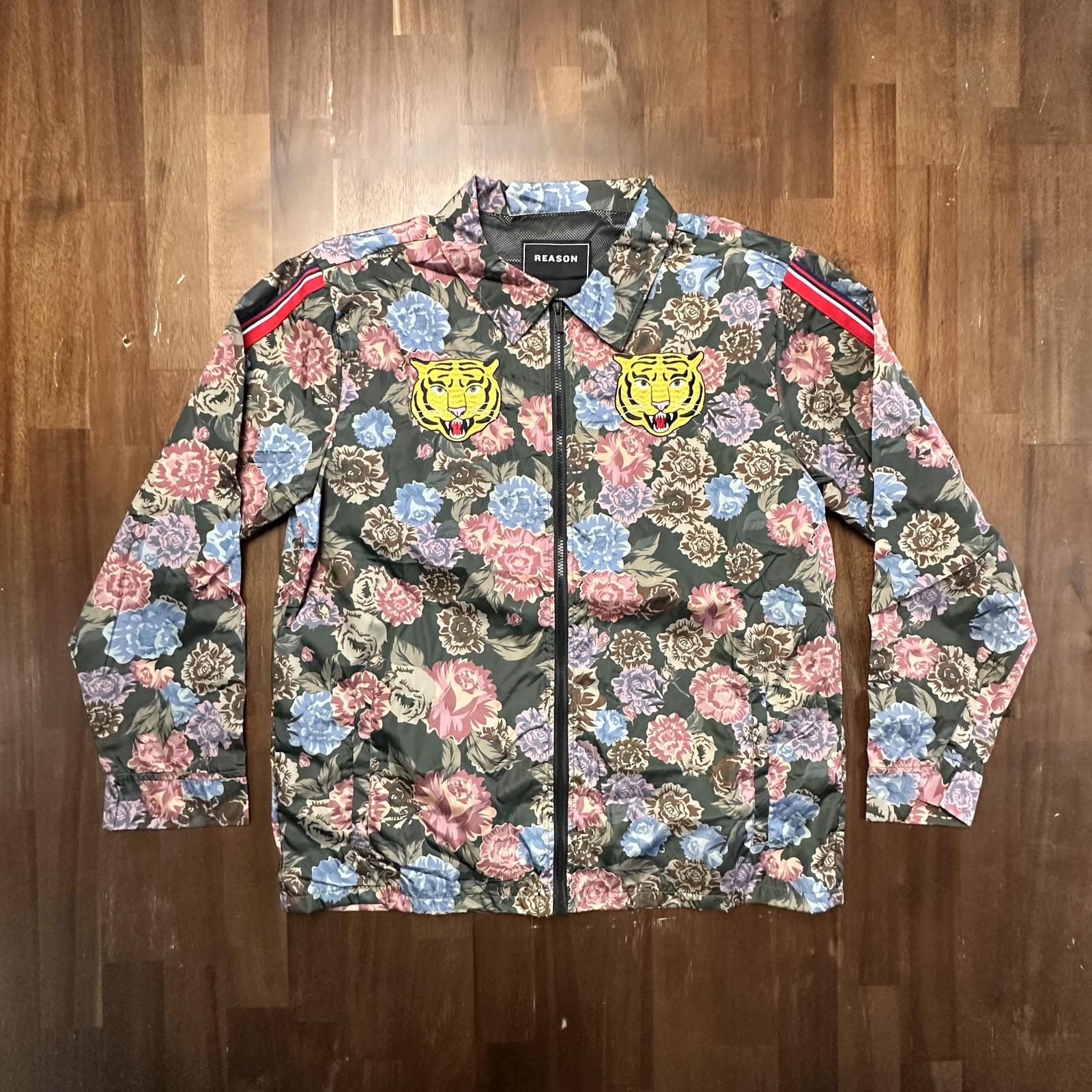 Mens Xl Green Floral Tiger Embroidered Windbreaker Coach Zip