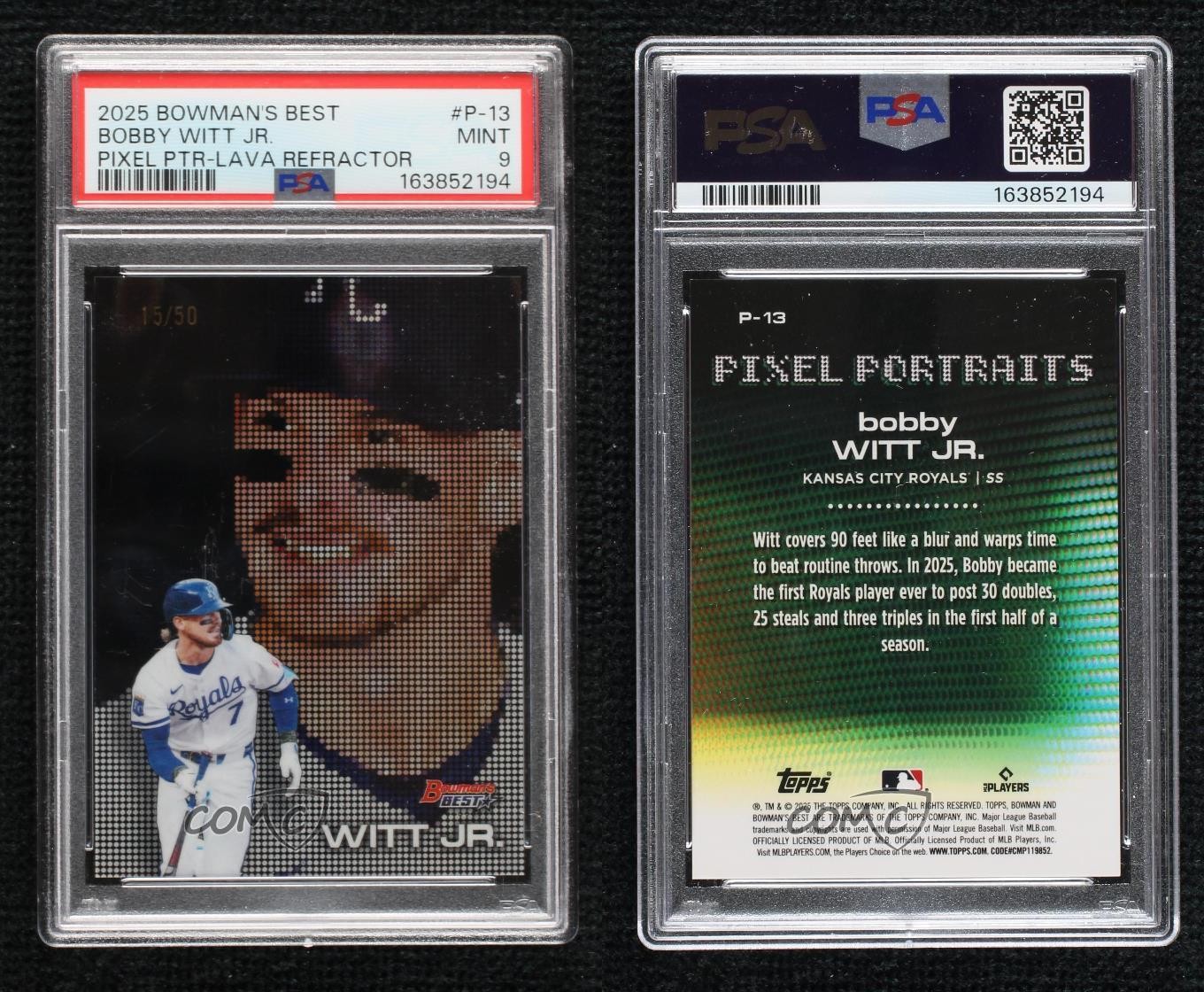 2025 Bowman's Best Pixel Portraits Lava Refractor 15/50 Bobby Witt Jr PSA 9 MINT view 3