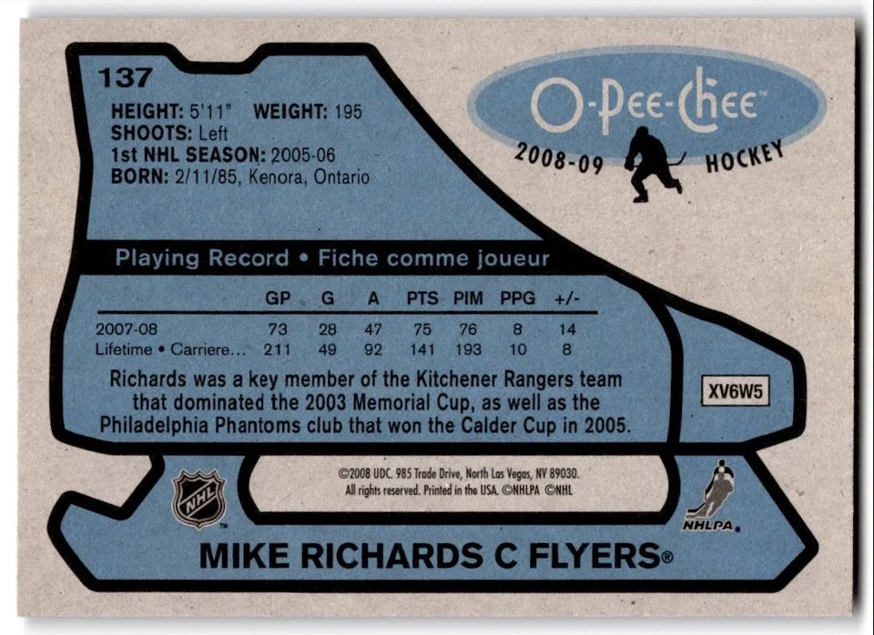 2008-09 O-Pee-Chee '79-80 Retro Mike Richards #137 Philadelphia Flyers - Image 2 of 2