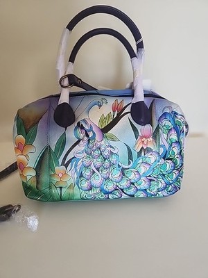 NWT Anuschka Hand Painted Leather ''Midnight Peacock '' Satchel Bag w/X-Body Strap