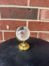 Vintage Miniature Desktop Globe Etched Glass And Brass Paperweight 5" Tall