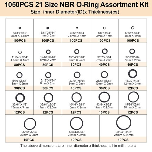 1050PCS O-Ring Kit Assortimento | 21 Misure Metriche per Riparazione Auto, Rubinetto, Aria, Gas - Foto 2 di 7
