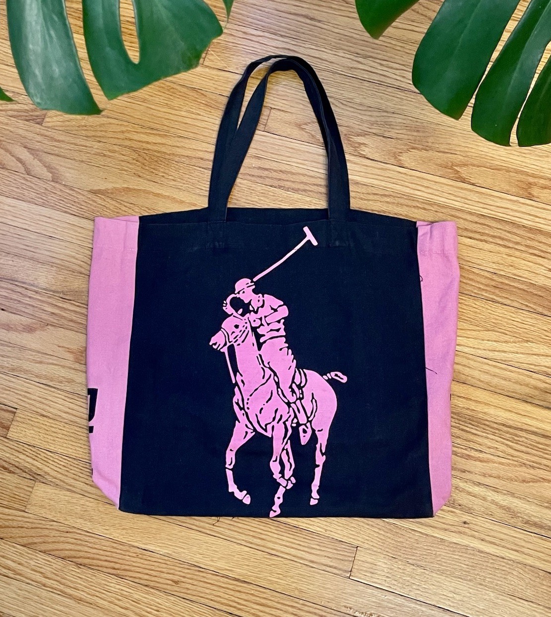 Borsa shopper Ralph Lauren Polo 2000 Y2K Big Pony tela media rosa e nera