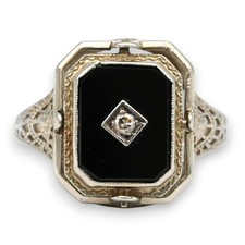 ANTIQUE VICTORIAN CARVED CAMEO DIAMOND ONYX FILIGREE FLIP RING 14K WHITE GOLD