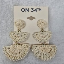 On 34th White Woven Statement Earrings Boho Raffia Beaded