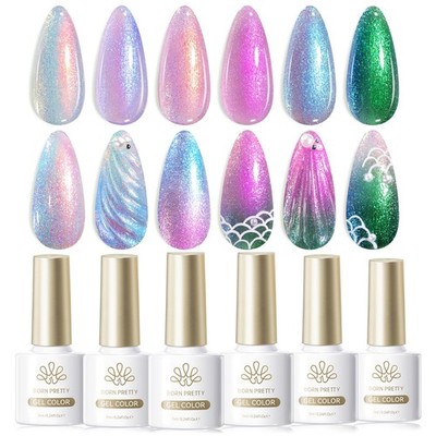 6 Colors Pearl Gel Nail Polish Set,Chameleon Mermaid Shimmer Glitter Gel Poli...