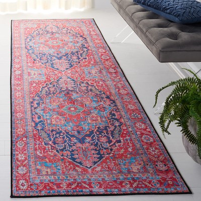 Washable Rug Tucson Collection - 2'6'' x 12' Runner, Navy & Red, Slip Resistan...