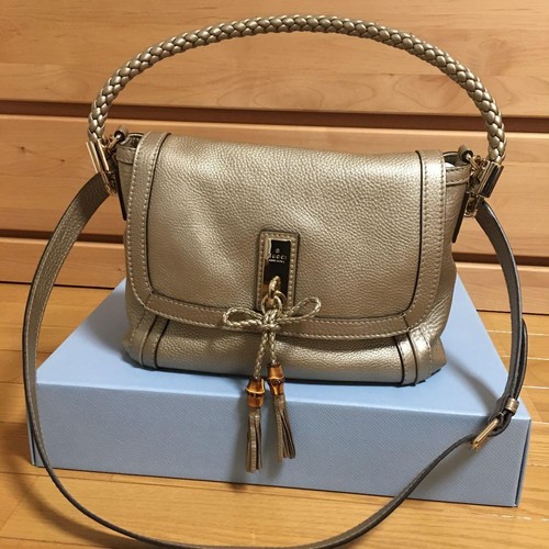 Gucci Bamboo Shoulder Bag Handbag 2-Way Leather Matte Gold Women's Authentic