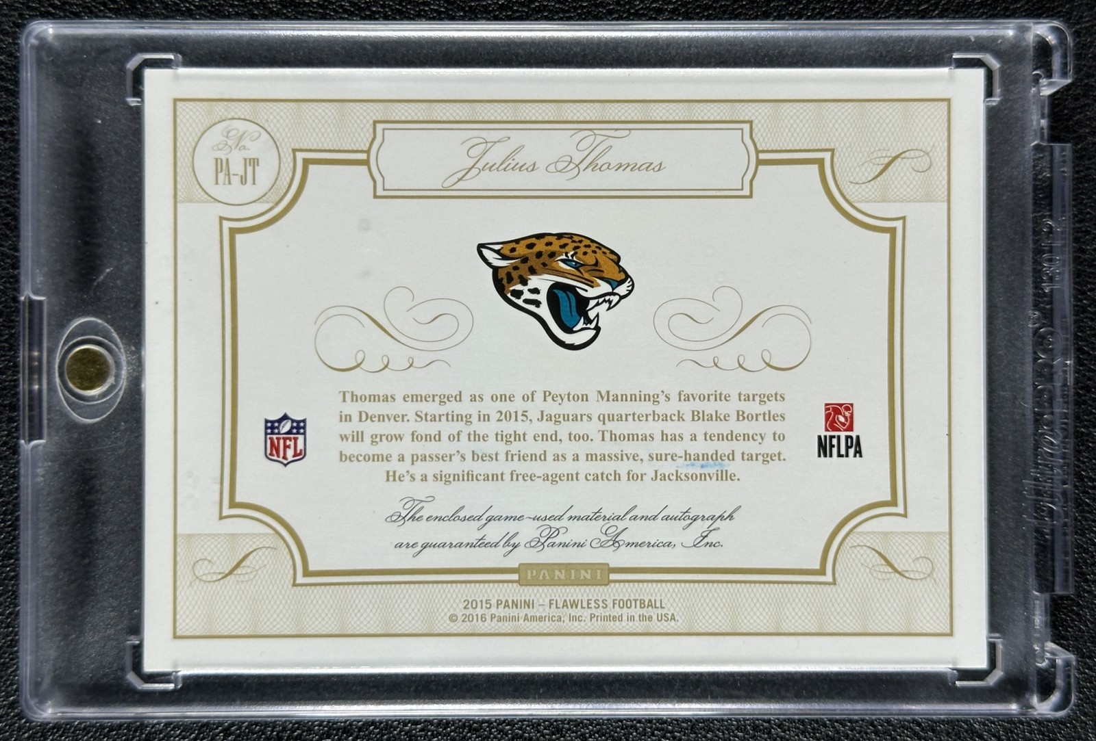 JULIUS THOMAS 2015 PANINI FLAWLESS #PA-JT GAME-USED PATCH AUTO GOLD 10/10 view 2
