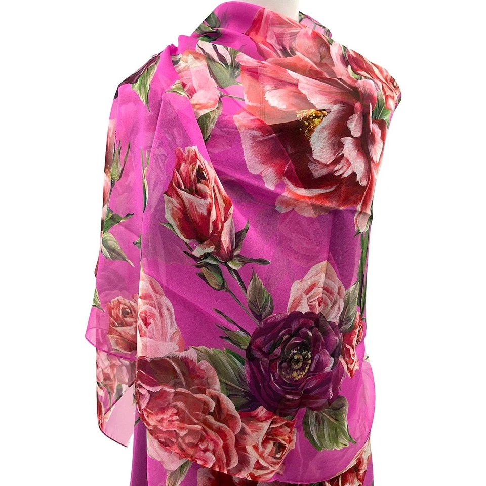 Dolce & Gabbana Floral Rosa Estampado Lujo Ligero Seda Bufanda Mantón Rosa Foto 3 de 4