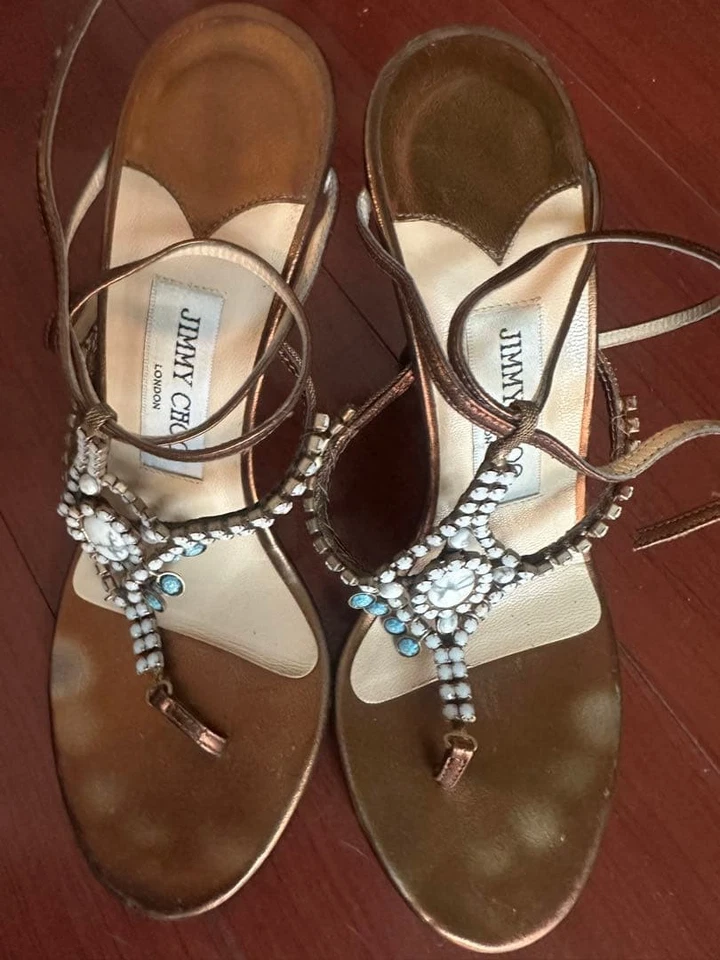 JIMMY CHOO Sandales Mules À Talons En Cuir Et Bijou Femmes Taille 38 Marron - Photo 4/4