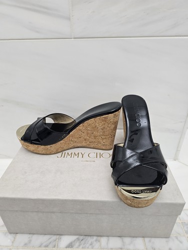 Authentique compensée plateforme Jimmy Choo Pandora cuir verni noir taille 35 neuve dans sa boîte - Photo 1 sur 6