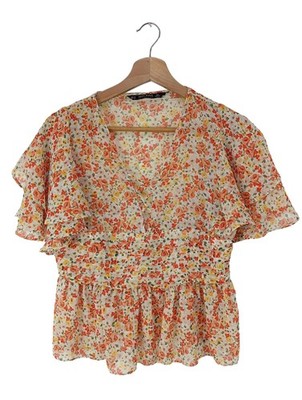 ZARA BASIC Rüschen-Bluse Damen Bluse Gr. DE 38 hellorange-grün-blassgelb