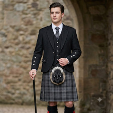 Men's Black Tweed Argyll Jacket Kilt Waistcoat Highland Wedding Outfit Set