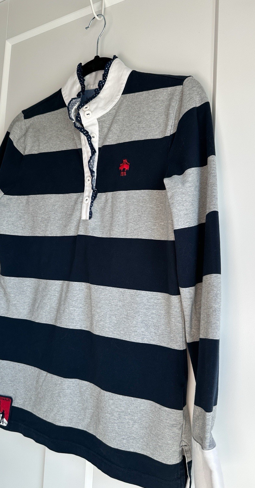 Brooks Brothers Navy/grey Rugby Striped Long Sleeve Shirt W/ Ruffled Collar SZ S image 3