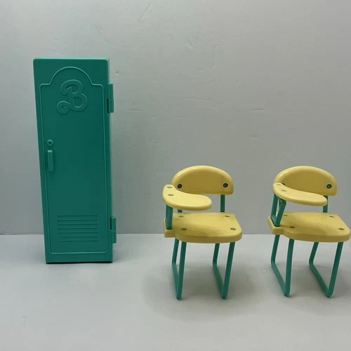 Vintage Barbie Locker And 2 Desk Chairs Classroom Set Teal And Yellow 90s
