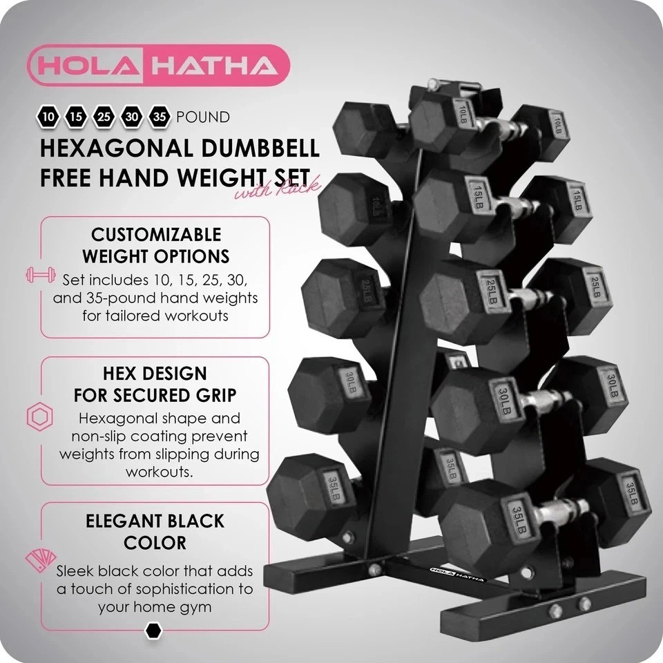 10, 15, 25, 30 & 35 Lb Hexagonal Dumbbell Weight Set w/ Rack, Black | eBay