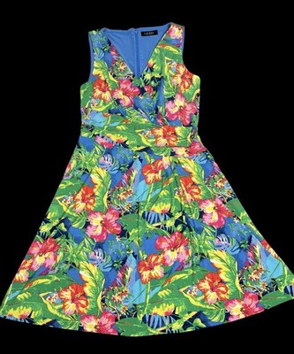 Lauren Ralph Lauren Black Label Tropical Ruched Sheath Dress Floral V Neck