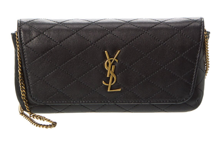 NWT NEW Saint Laurent Gaby Chain Quilted Black Leather Phone Holder $1295+