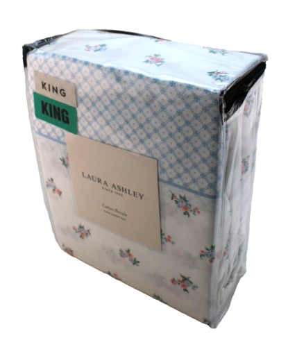 LAURA ASHLEY Harperette King Size Pink/Blue Floral 100% Cotton Percale Sheet Set