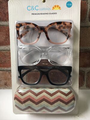 C&C CALIFORNIA WOMEN'S +2.50 PREMIUM READING GLASSES 3-PACK READERS + HARD CASE