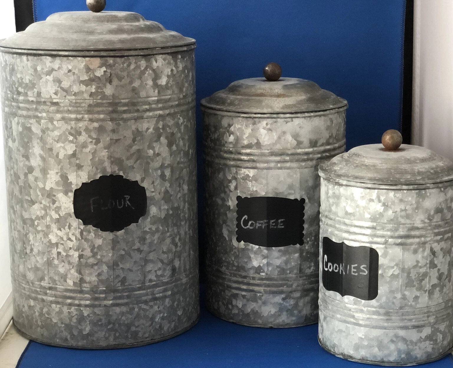 Country Rustic Nested Round Tall Galvanized Canisters With Lids Set of 3