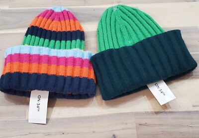 On 34th Women's Striped & Solid Set of (2) Wide-Ribbed Beanie Winter Hat
