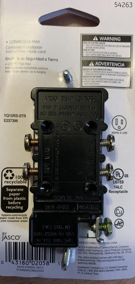 GE 54263 Saída Duplex de Segurança de Aterramento Listada UL, 125 Volts, 15 AMP - Branco - Imagem 2 de 3