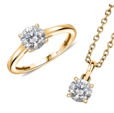 J Francis Swarovski 3 1/4 CTW Solitaire Ring + Pendant 18K Vermeil Over 925 Set